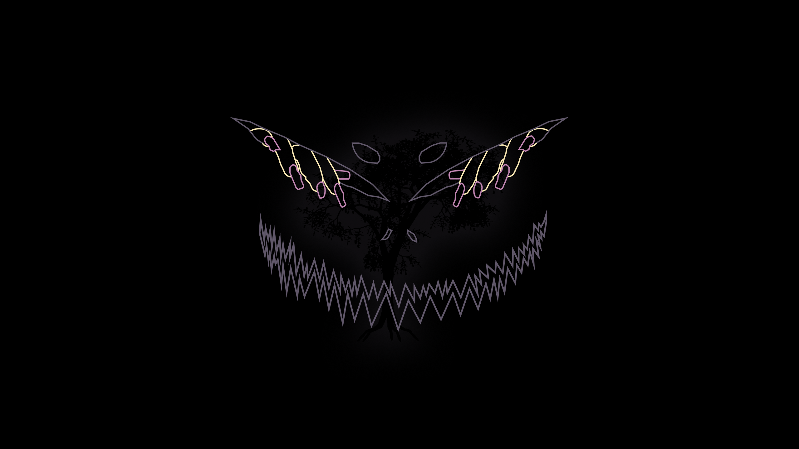 Desktop background which has a demon thing with hands ripping outside of their eyes with a faint tree in the background