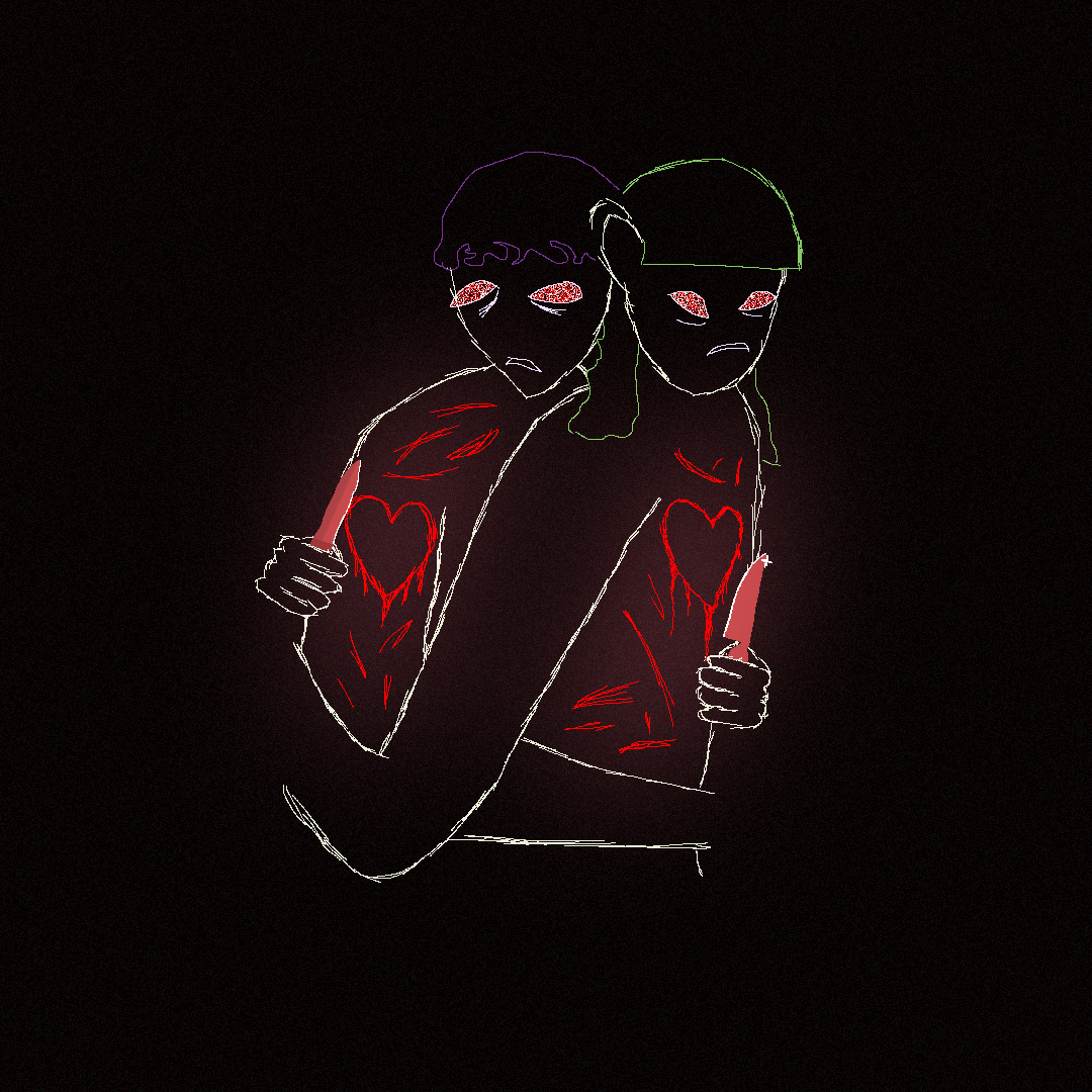 Two people hugging eachother who are also carving in to each others skin